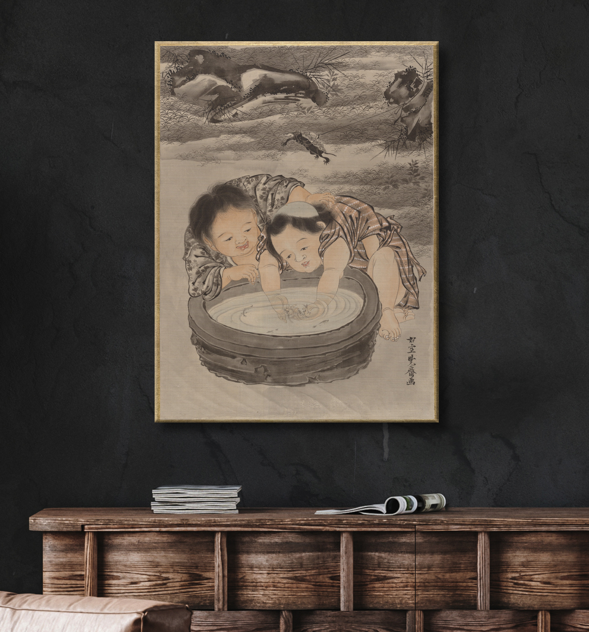 Reproduction Deux enfants jouant avec des poissons rouges de Kawanabe Kyōsai 河鍋暁斎 avec decor