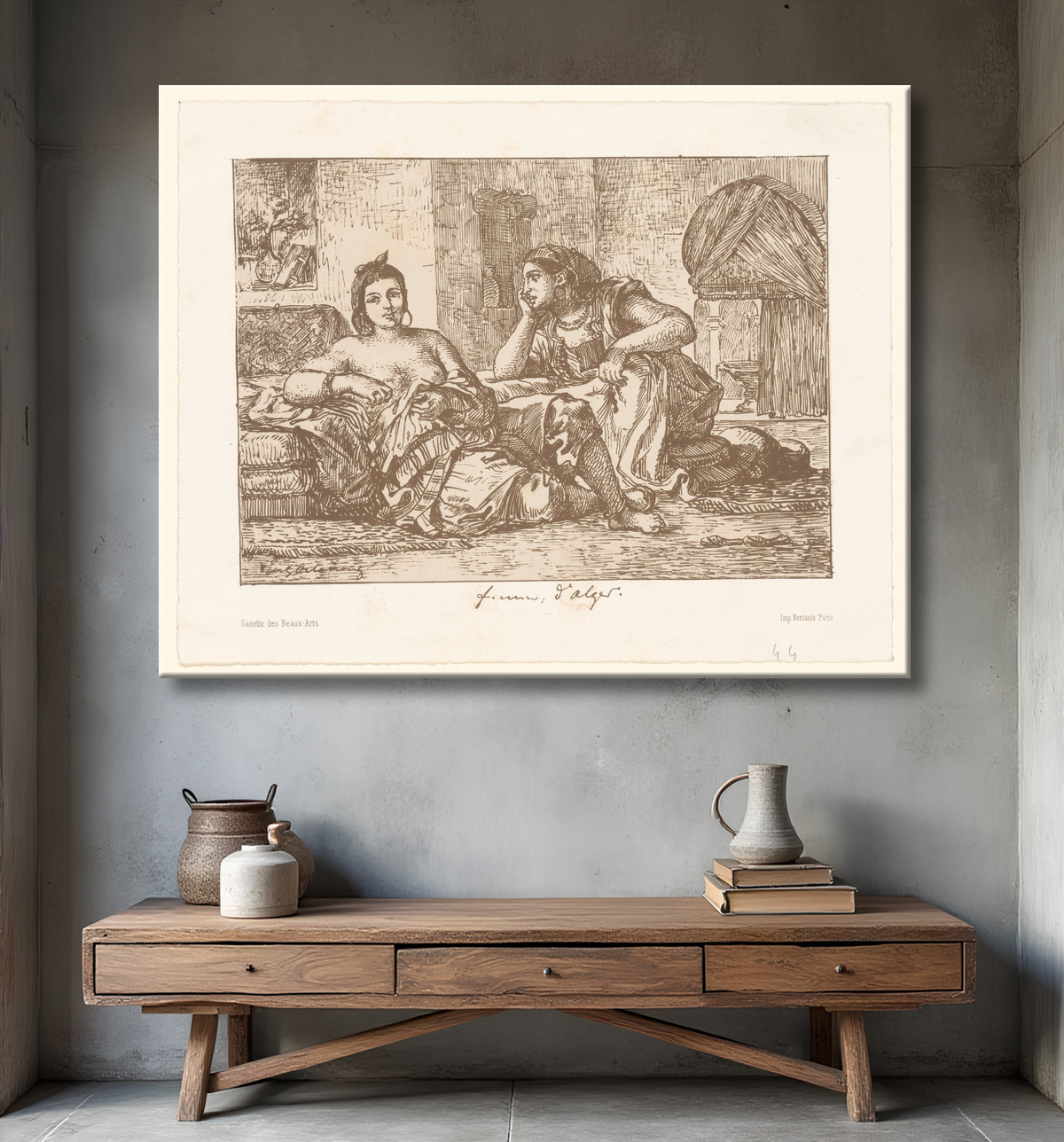 Reproduction Deux femmes algériennes assises de Eugène Delacroix avec decor
