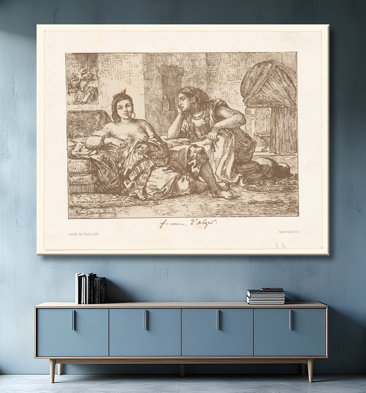Reproduction Deux femmes algériennes assises de Eugène Delacroix avec decor
