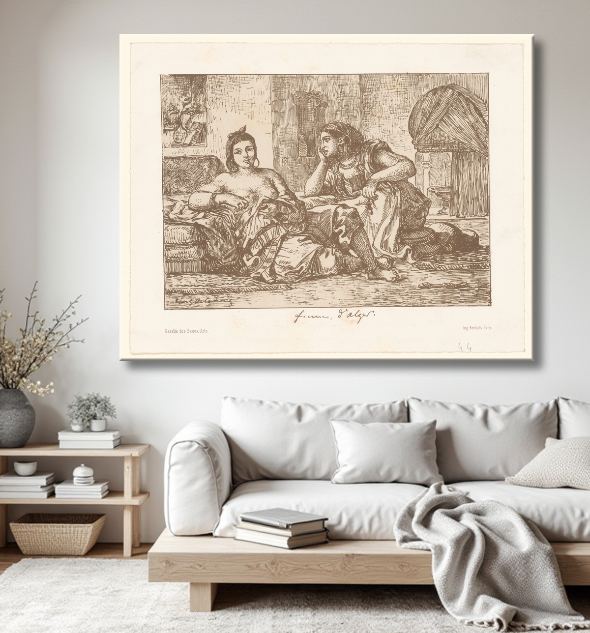 Reproduction Deux femmes algériennes assises de Eugène Delacroix avec decor