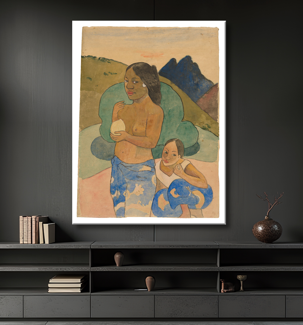 Reproduction Deux femmes tahitiennes dans un paysage de Paul Gauguin avec decor