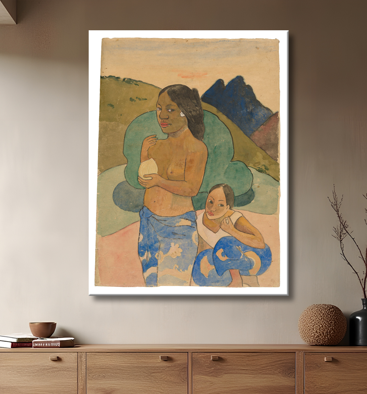 Reproduction Deux femmes tahitiennes dans un paysage de Paul Gauguin avec decor