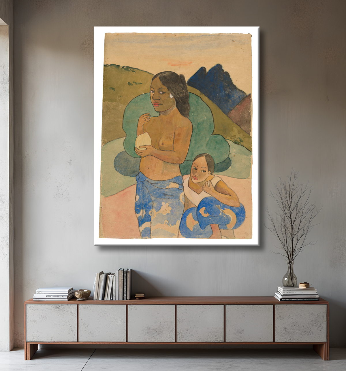 Reproduction Deux femmes tahitiennes dans un paysage de Paul Gauguin avec decor