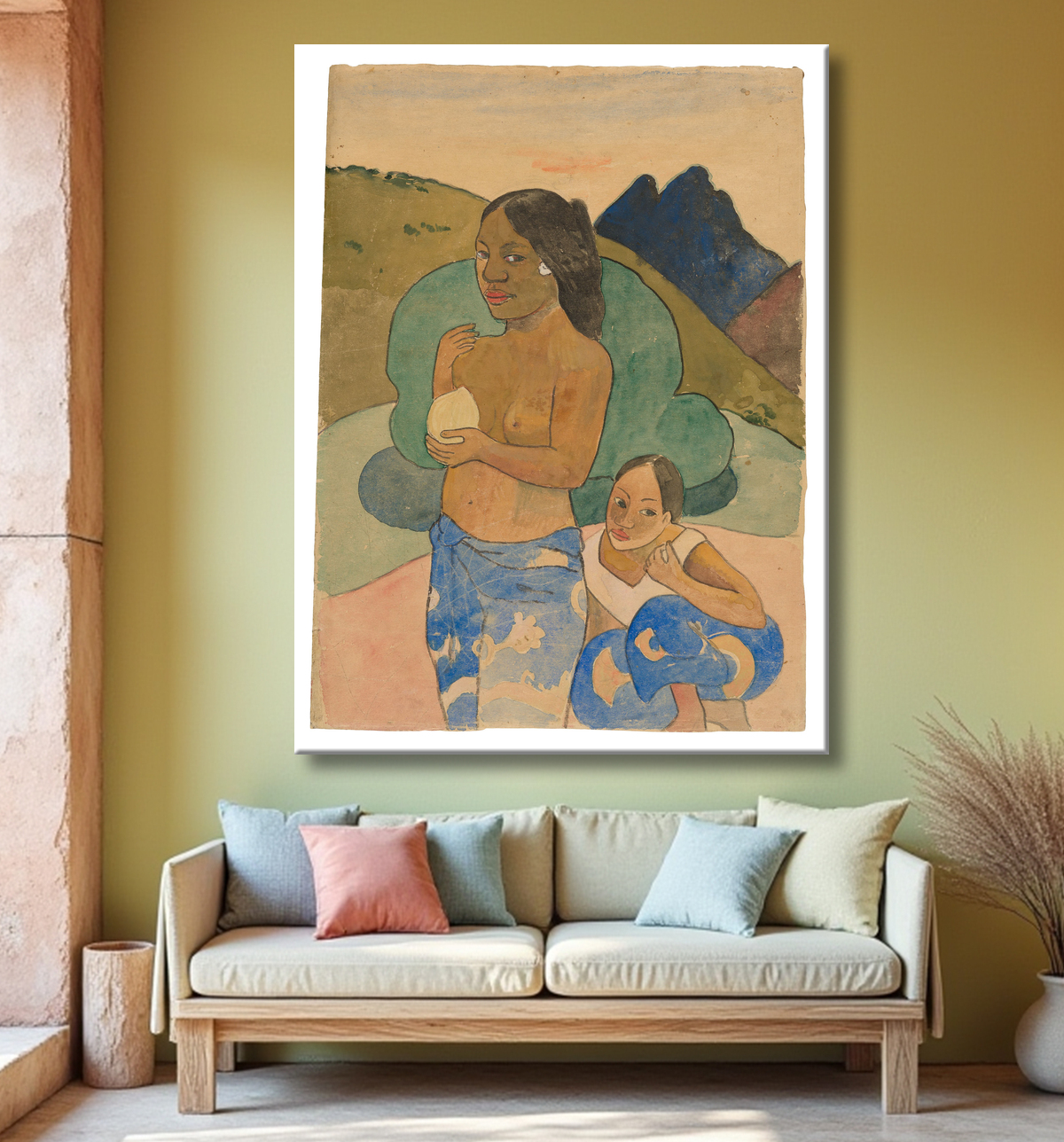 Reproduction Deux femmes tahitiennes dans un paysage de Paul Gauguin avec decor