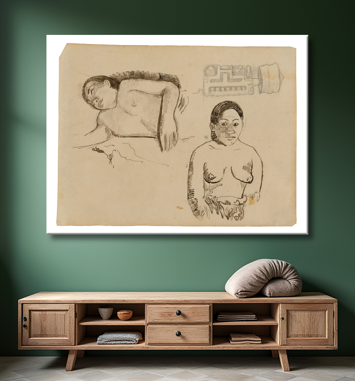 Reproduction Deux femmes tahitiennes et un bouchon d'oreille marquisien de Paul Gauguin avec decor