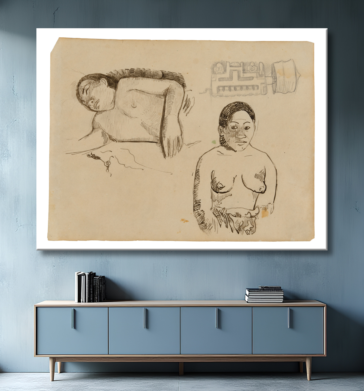 Reproduction Deux femmes tahitiennes et un bouchon d'oreille marquisien de Paul Gauguin avec decor