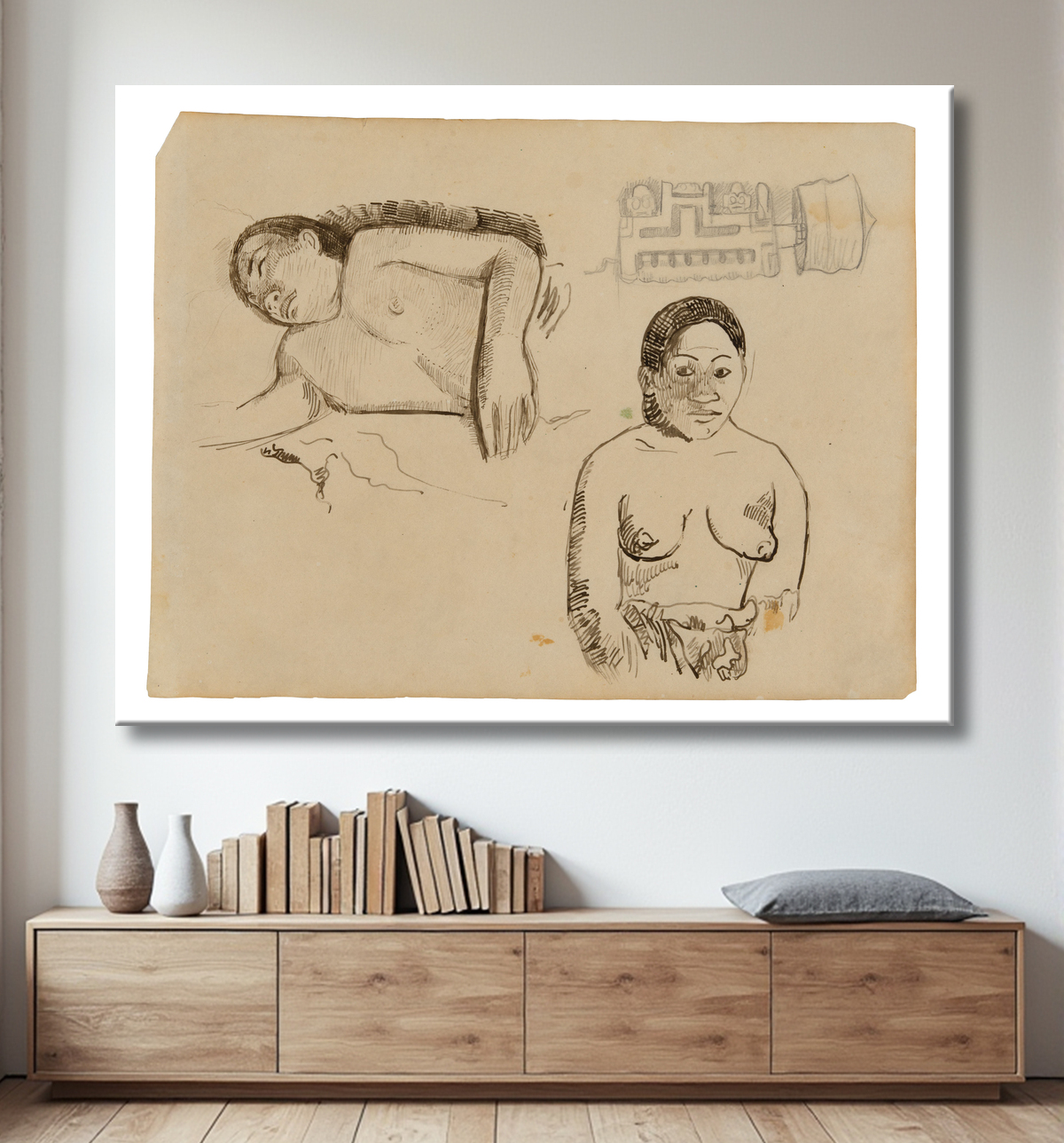 Reproduction Deux femmes tahitiennes et un bouchon d'oreille marquisien de Paul Gauguin avec decor
