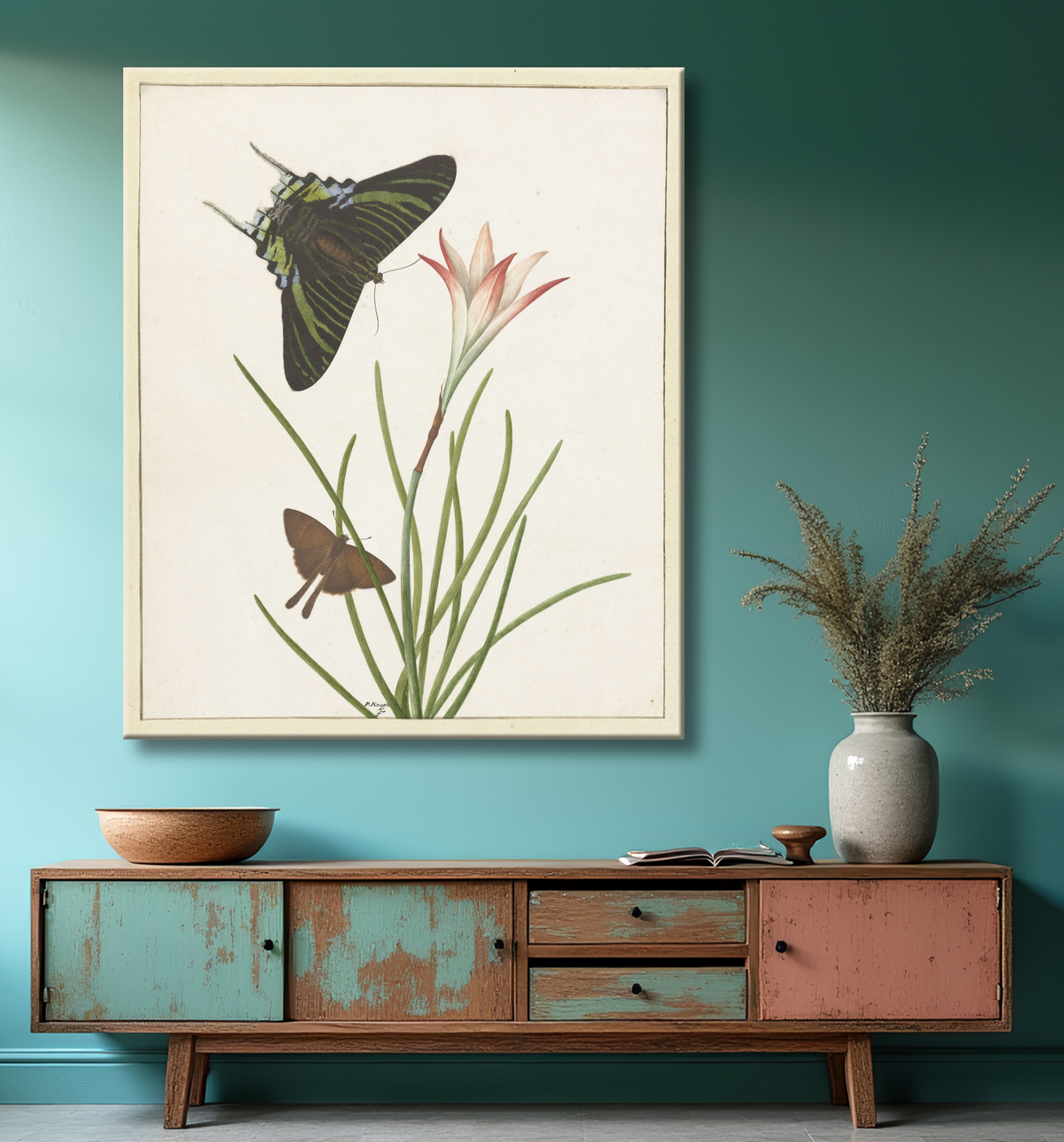 Reproduction Deux papillons à un lis de Paulus Knogh avec decor