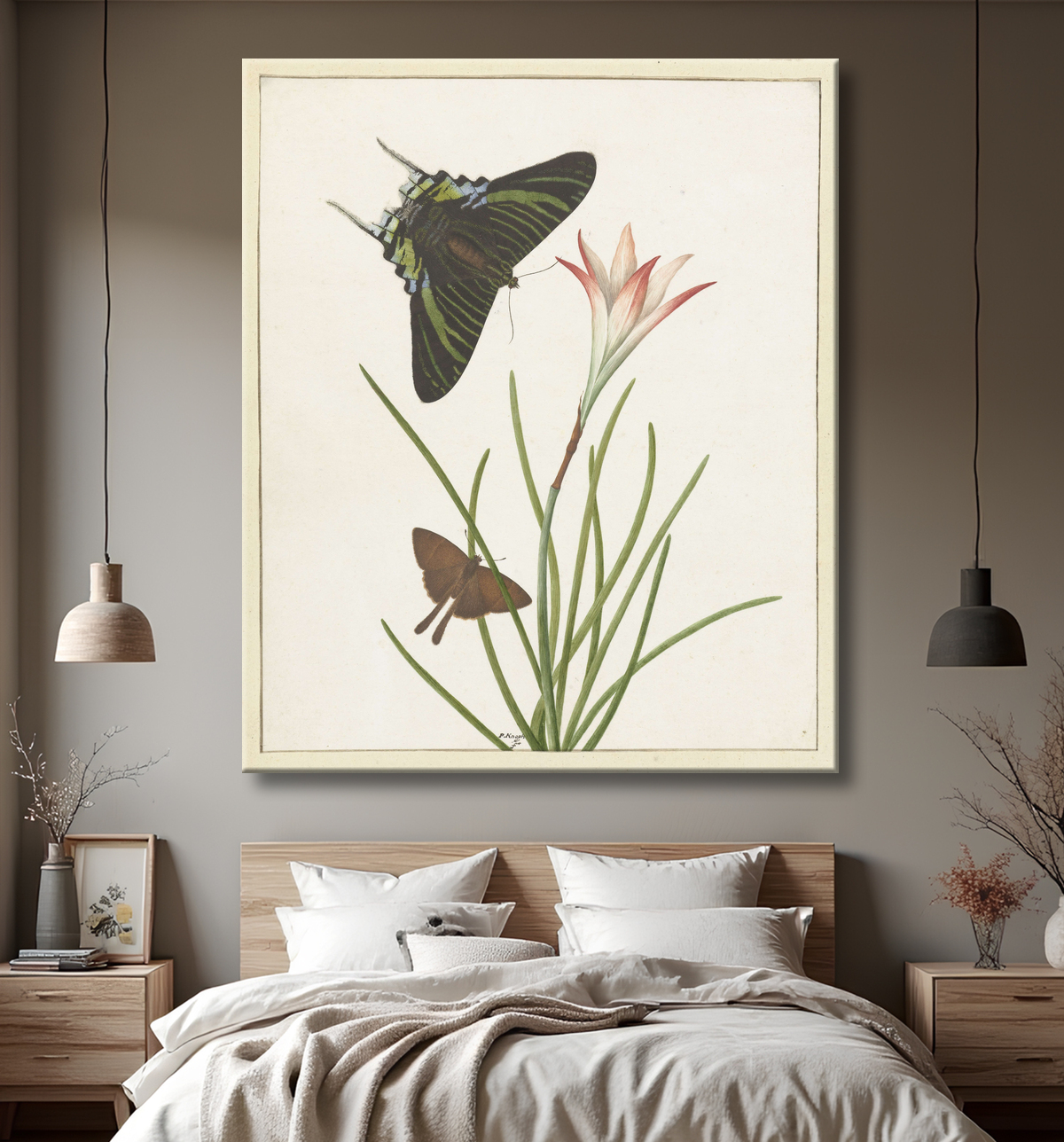 Reproduction Deux papillons à un lis de Paulus Knogh avec decor
