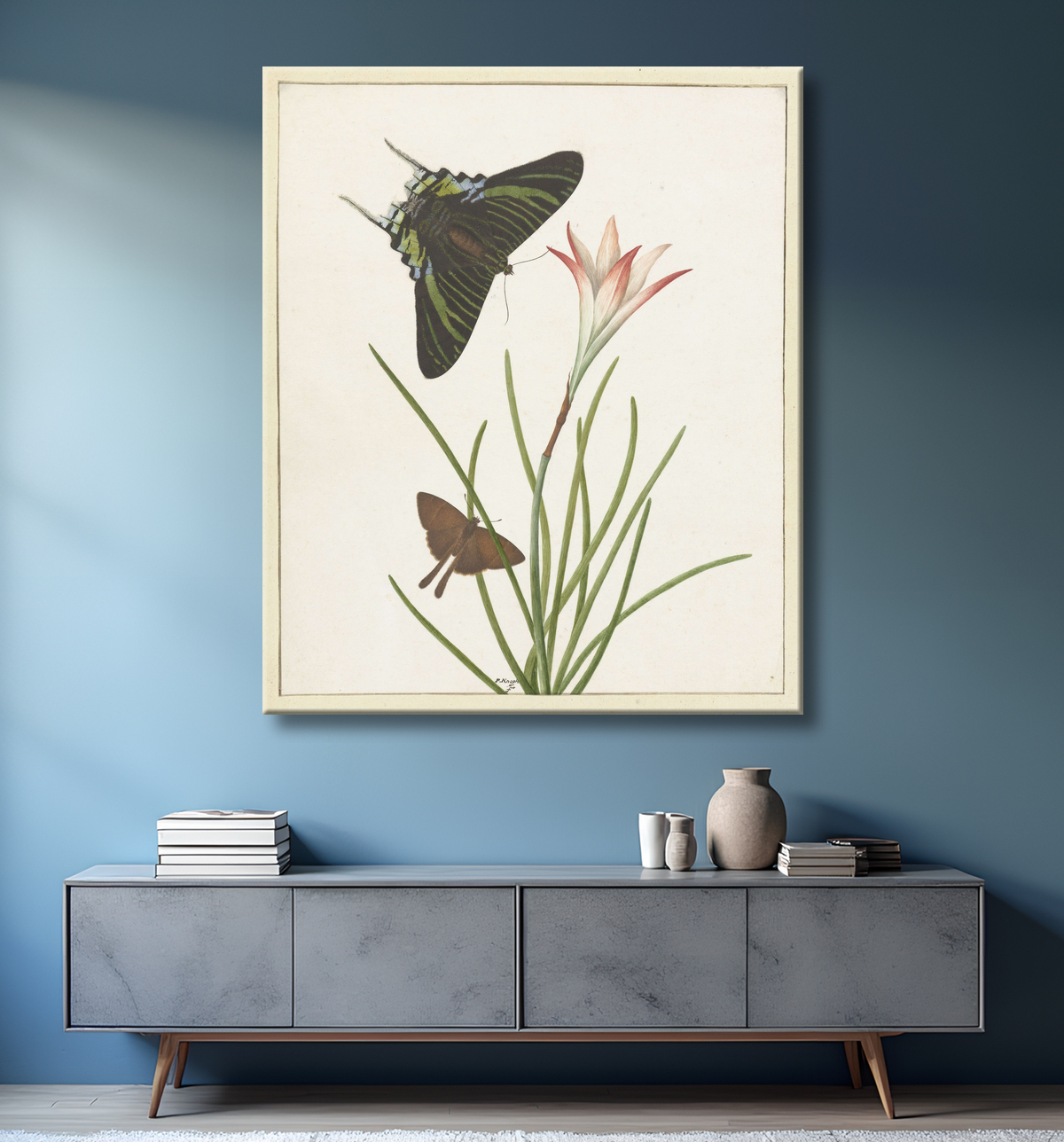 Reproduction Deux papillons à un lis de Paulus Knogh avec decor