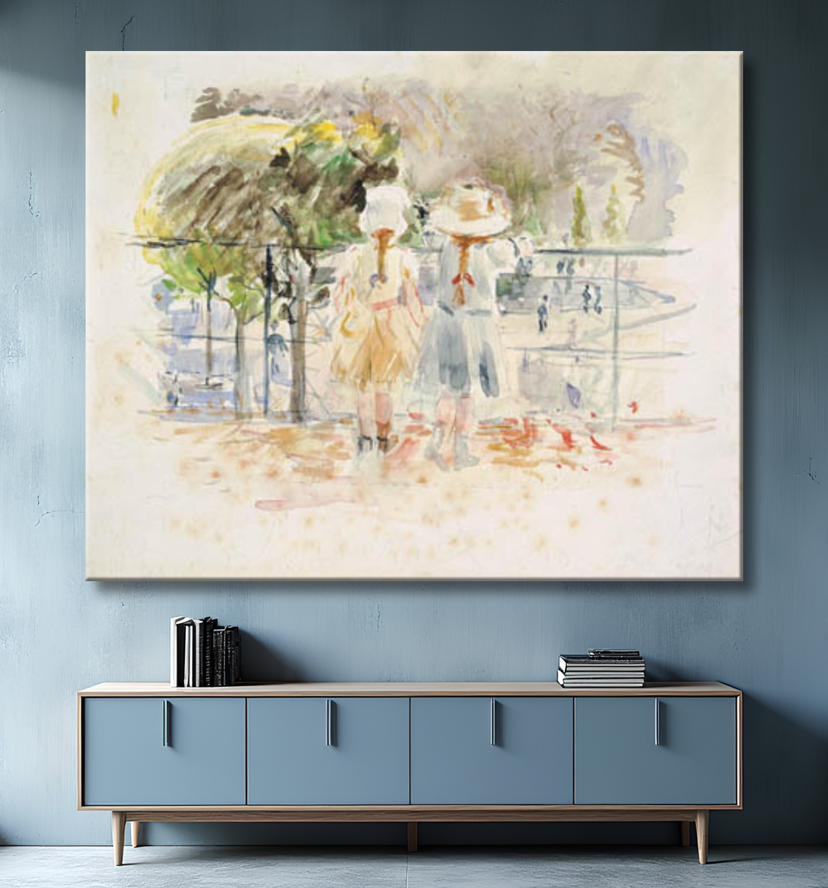 Reproduction Deux petites filles à une balustrade au bord du lac dans le Jardin des Tuileries, Paris de Morisot, Berthe avec decor