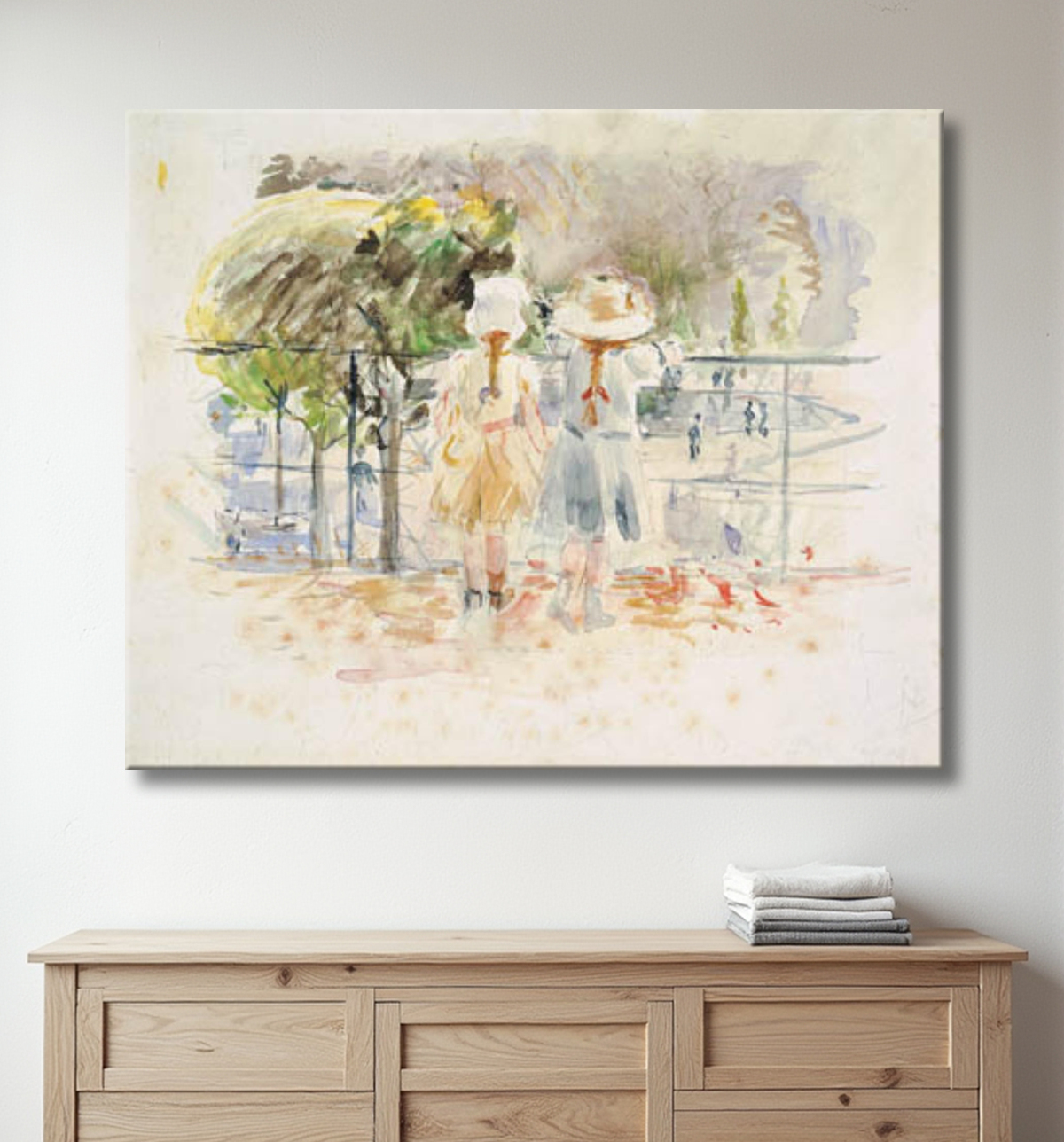 Reproduction Deux petites filles à une balustrade au bord du lac dans le Jardin des Tuileries, Paris de Morisot, Berthe avec decor