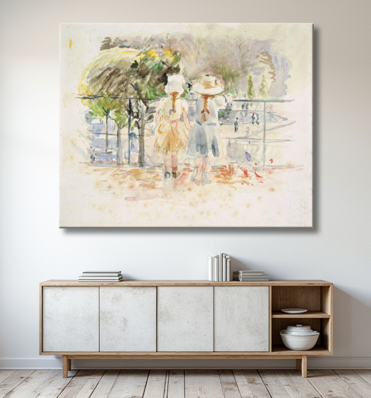 Reproduction Deux petites filles à une balustrade au bord du lac dans le Jardin des Tuileries, Paris de Morisot, Berthe avec decor