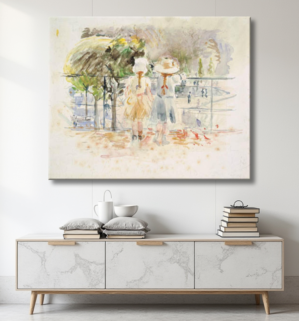 Reproduction Deux petites filles à une balustrade au bord du lac dans le Jardin des Tuileries, Paris de Morisot, Berthe avec decor