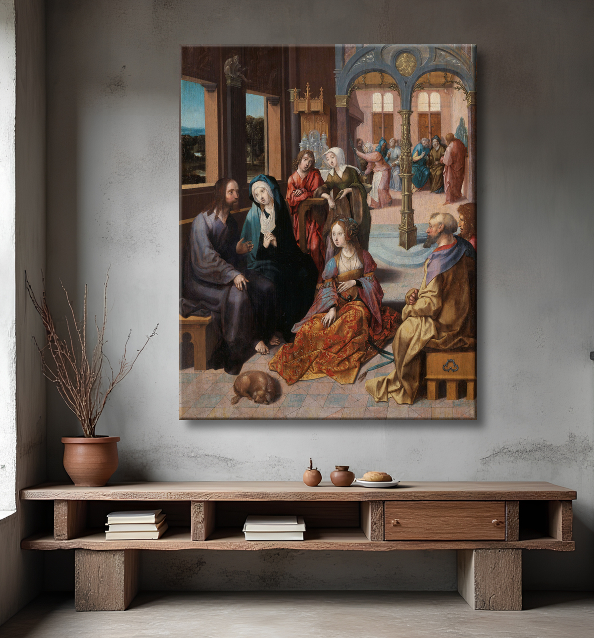 Reproduction Deuxième visite du Christ à la maison de Marie et Marthe de Cornelis Engebrechtsz avec decor