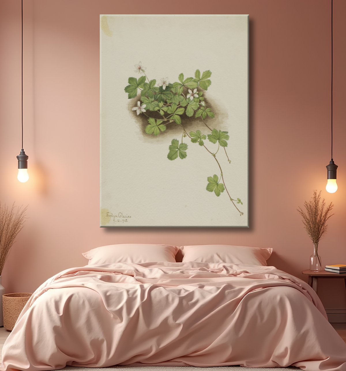 Reproduction Dewberry rouge (Rubus pedatus) de Mary Vaux Walcott, born Philadelphia, PA 1860-died St. Andrews, New Brunswick, Canada 1940 avec decor