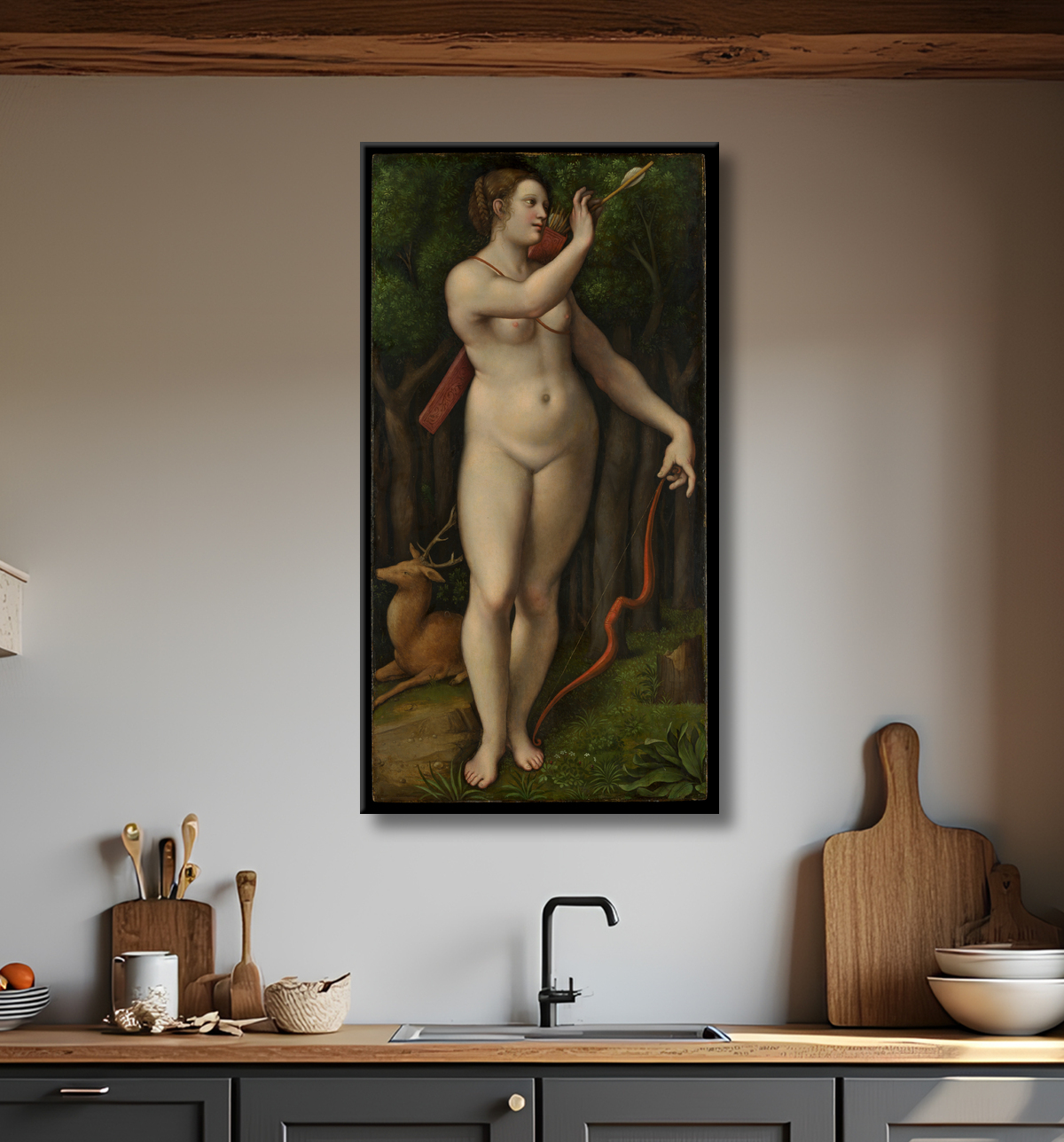 Reproduction Diane chasseresse de Giampietrino (Giovanni Pietro Rizzoli) avec decor