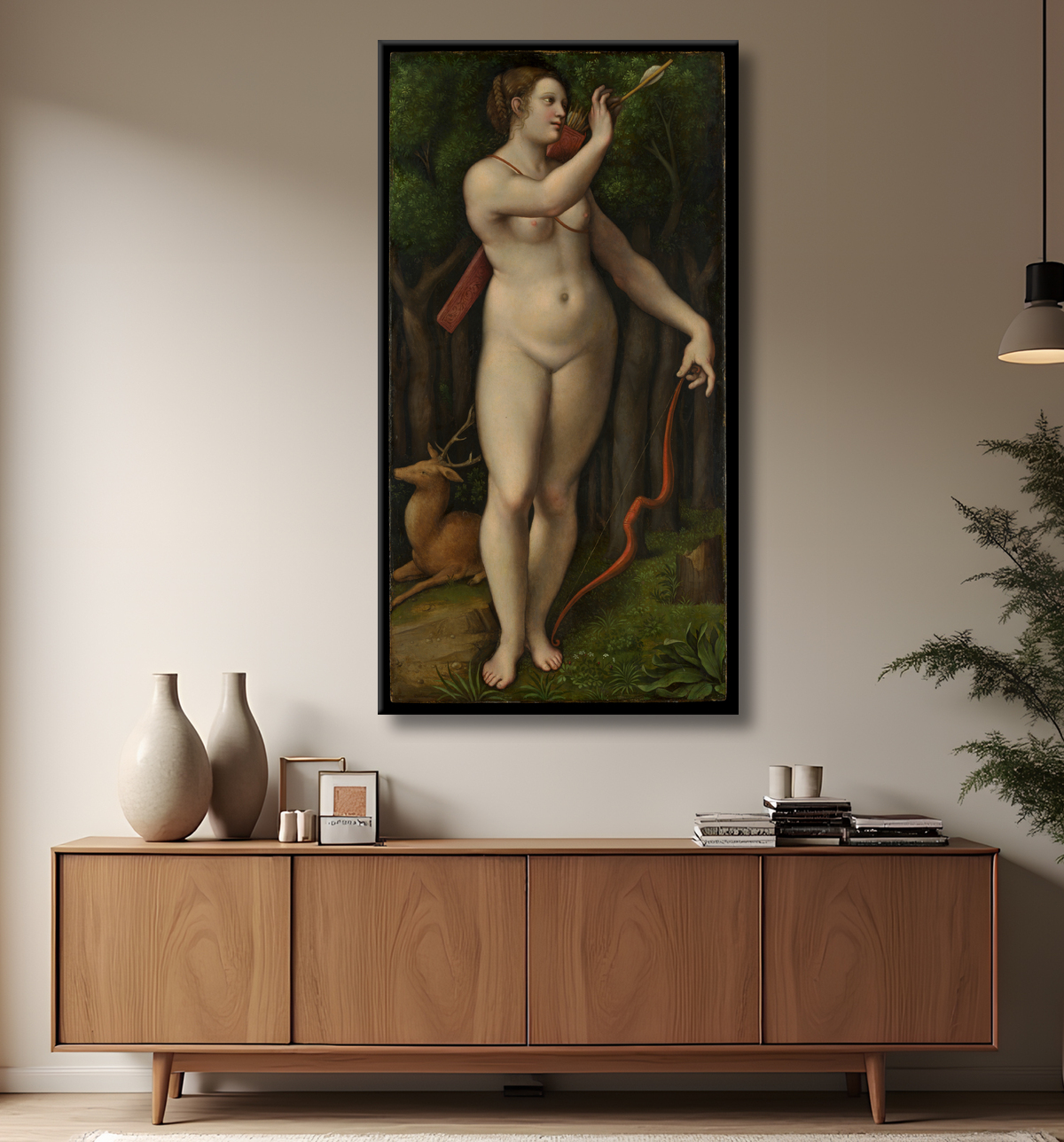 Reproduction Diane chasseresse de Giampietrino (Giovanni Pietro Rizzoli) avec decor