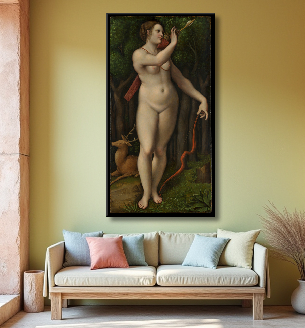 Reproduction Diane chasseresse de Giampietrino (Giovanni Pietro Rizzoli) avec decor
