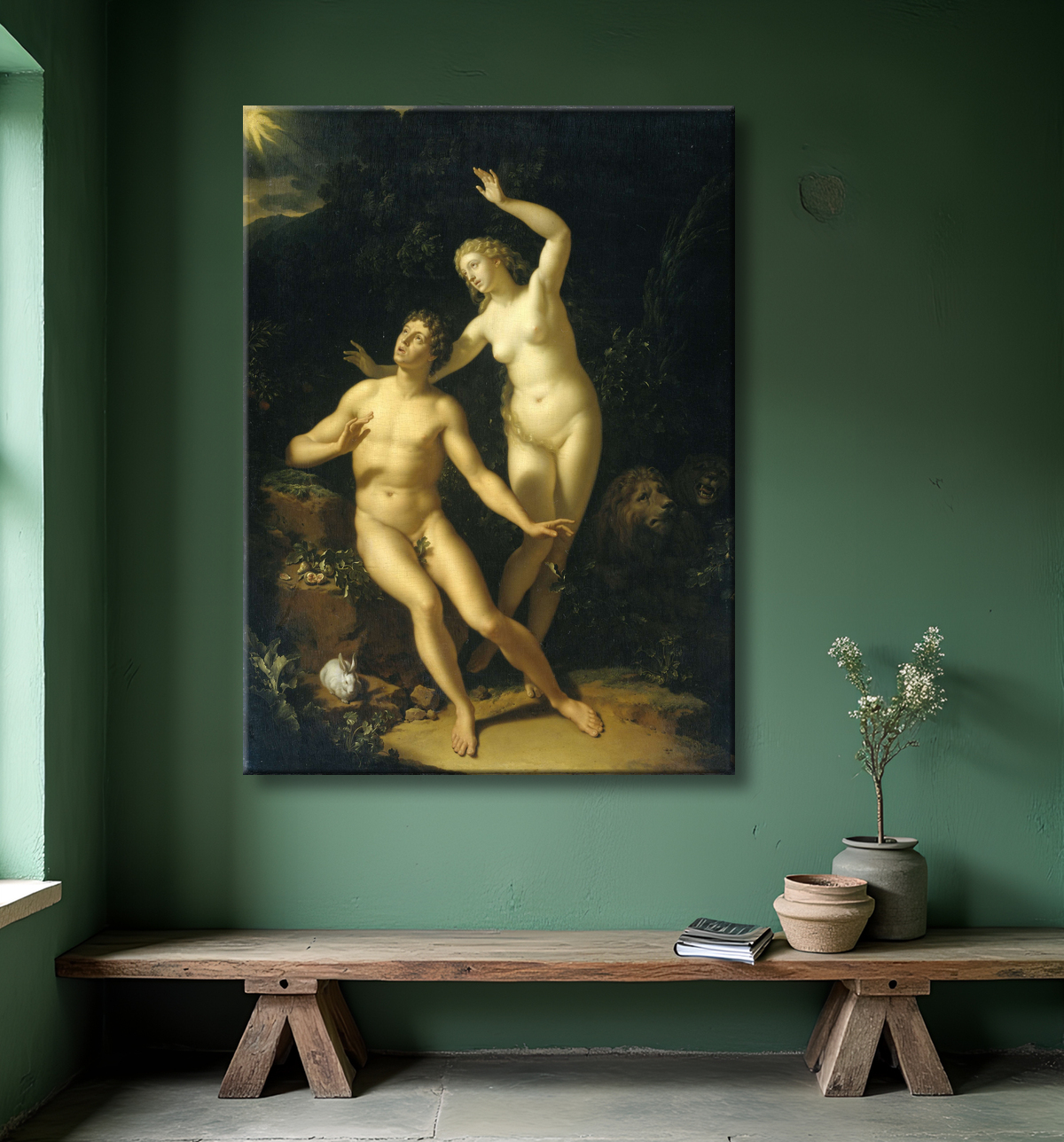 Reproduction Dieu tient Adam et Eve pour responsables de Adriaen van der Werff avec decor