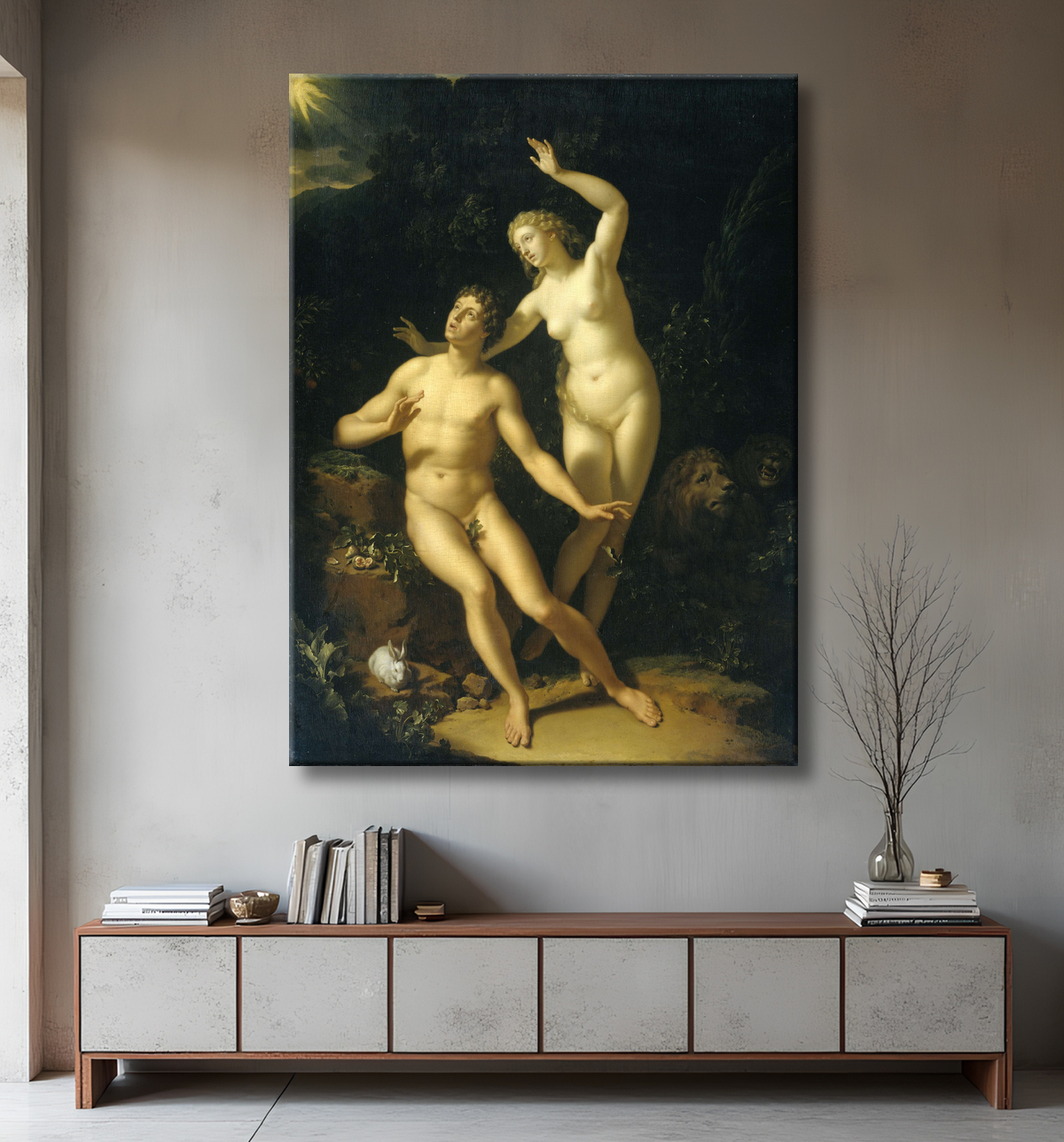 Reproduction Dieu tient Adam et Eve pour responsables de Adriaen van der Werff avec decor