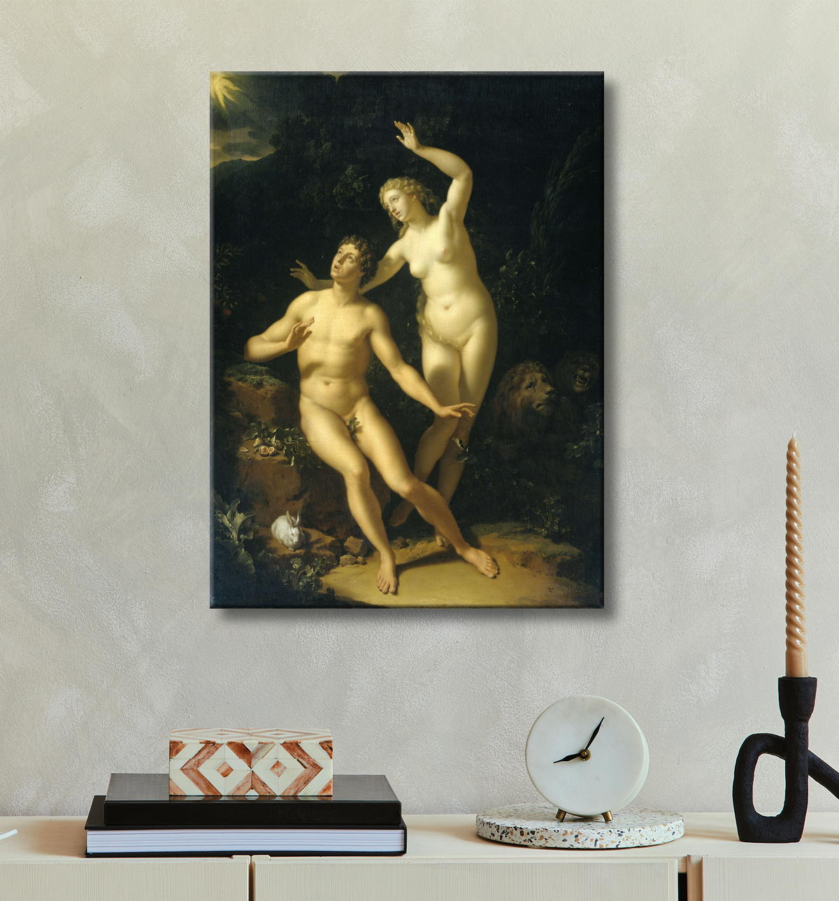 Reproduction Dieu tient Adam et Eve pour responsables de Adriaen van der Werff avec decor