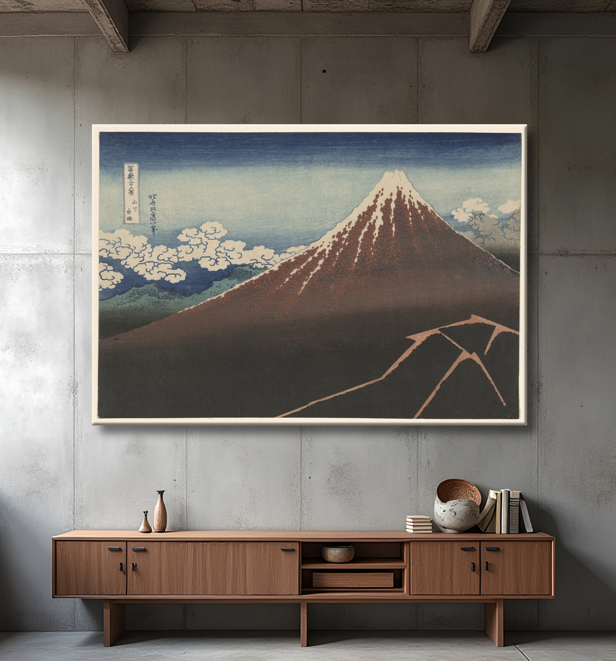 Reproduction Douche sous le sommet (Sanka hakuu), de la série "Trente-six vues du mont Fuji (Fugaku sanjurokkei)" de Katsushika Hokusai avec decor