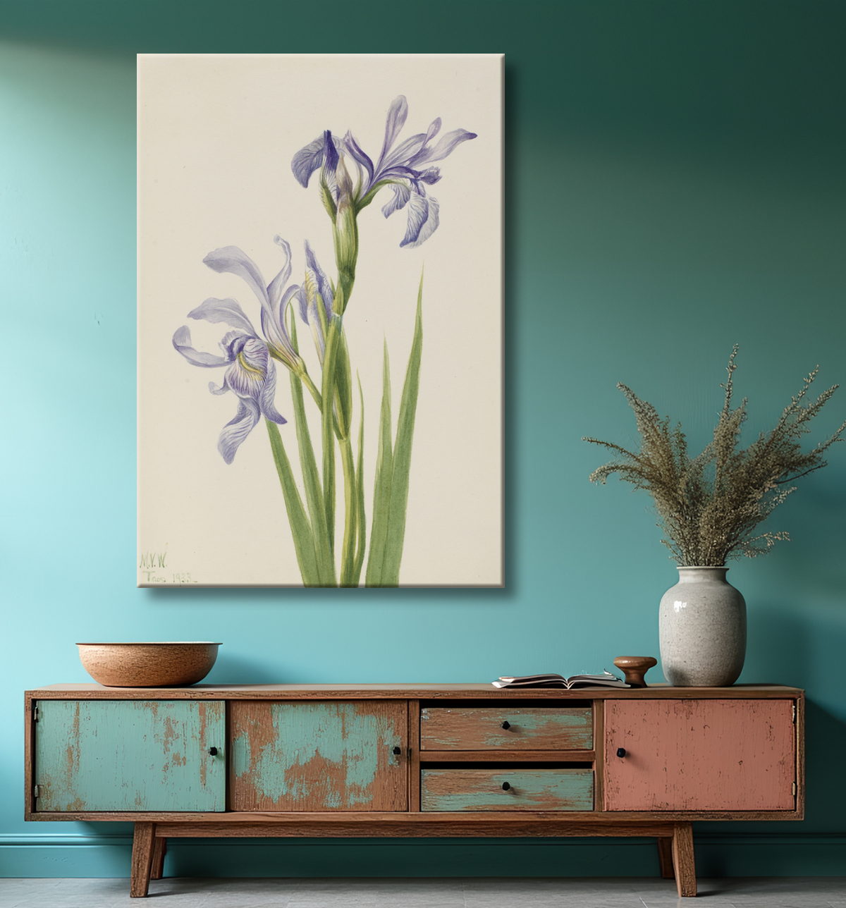 Reproduction Drapeau bleu de l'Ouest (Iris missouriensis) de Mary Vaux Walcott, born Philadelphia, PA 1860-died St. Andrews, New Brunswick, Canada 1940 avec decor