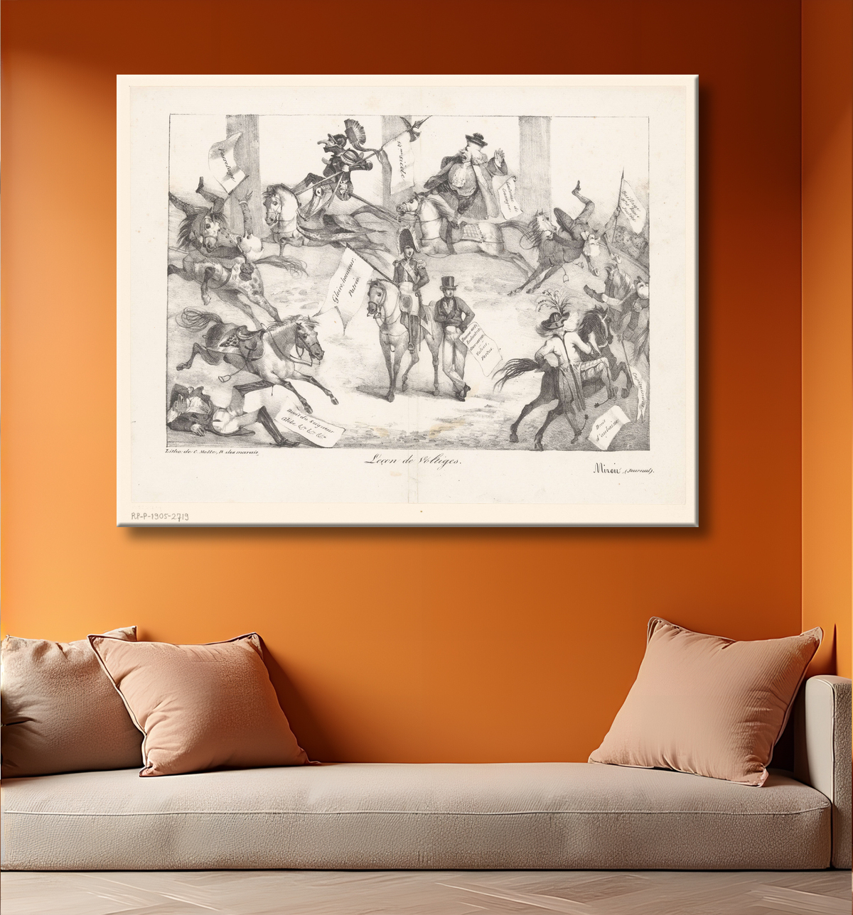 Reproduction École d'équitation avec figures allégoriques sur les chevaux de Eugène Delacroix avec decor