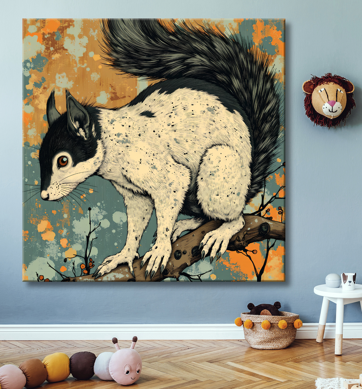 Tableau écureuil moderne - Peinture animalière expressive et graphique avec decor