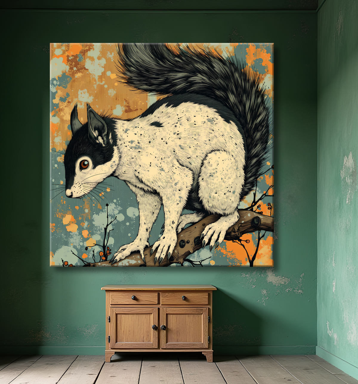 Tableau écureuil moderne - Peinture animalière expressive et graphique avec decor