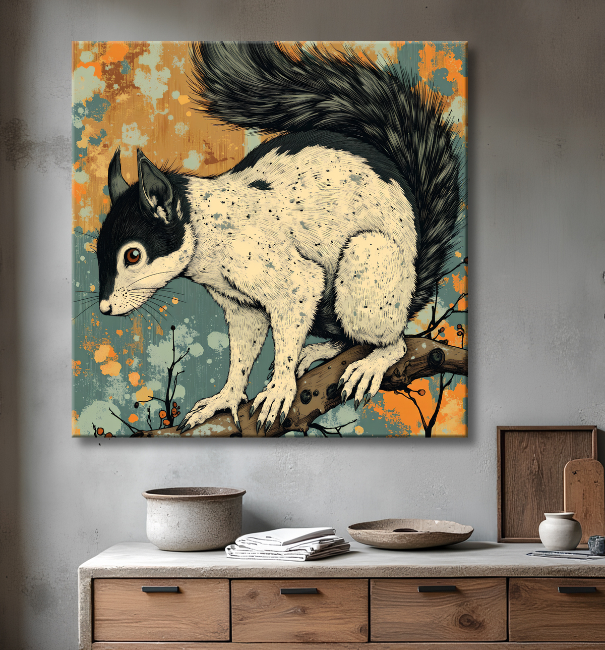 Tableau écureuil moderne - Peinture animalière expressive et graphique avec decor