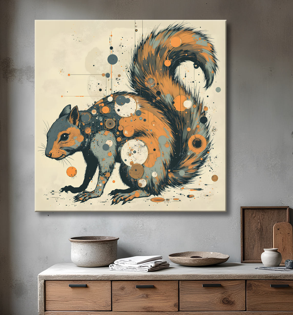 Tableau écureuil moderne - Peinture animalière expressive et graphique avec decor