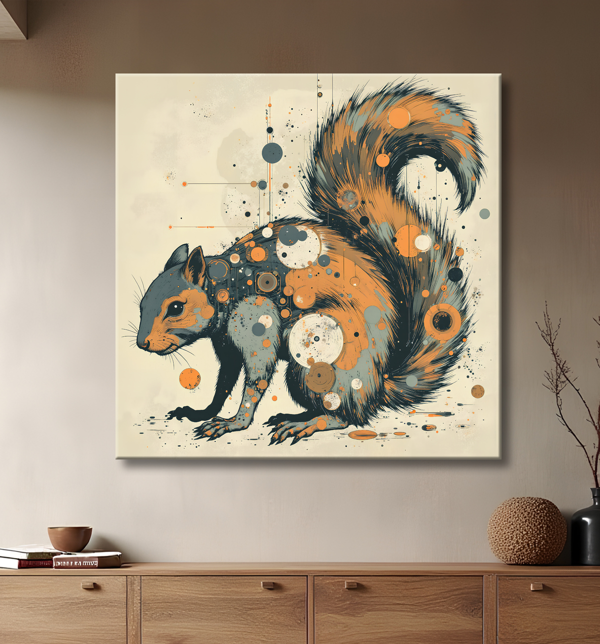 Tableau écureuil moderne - Peinture animalière expressive et graphique avec decor