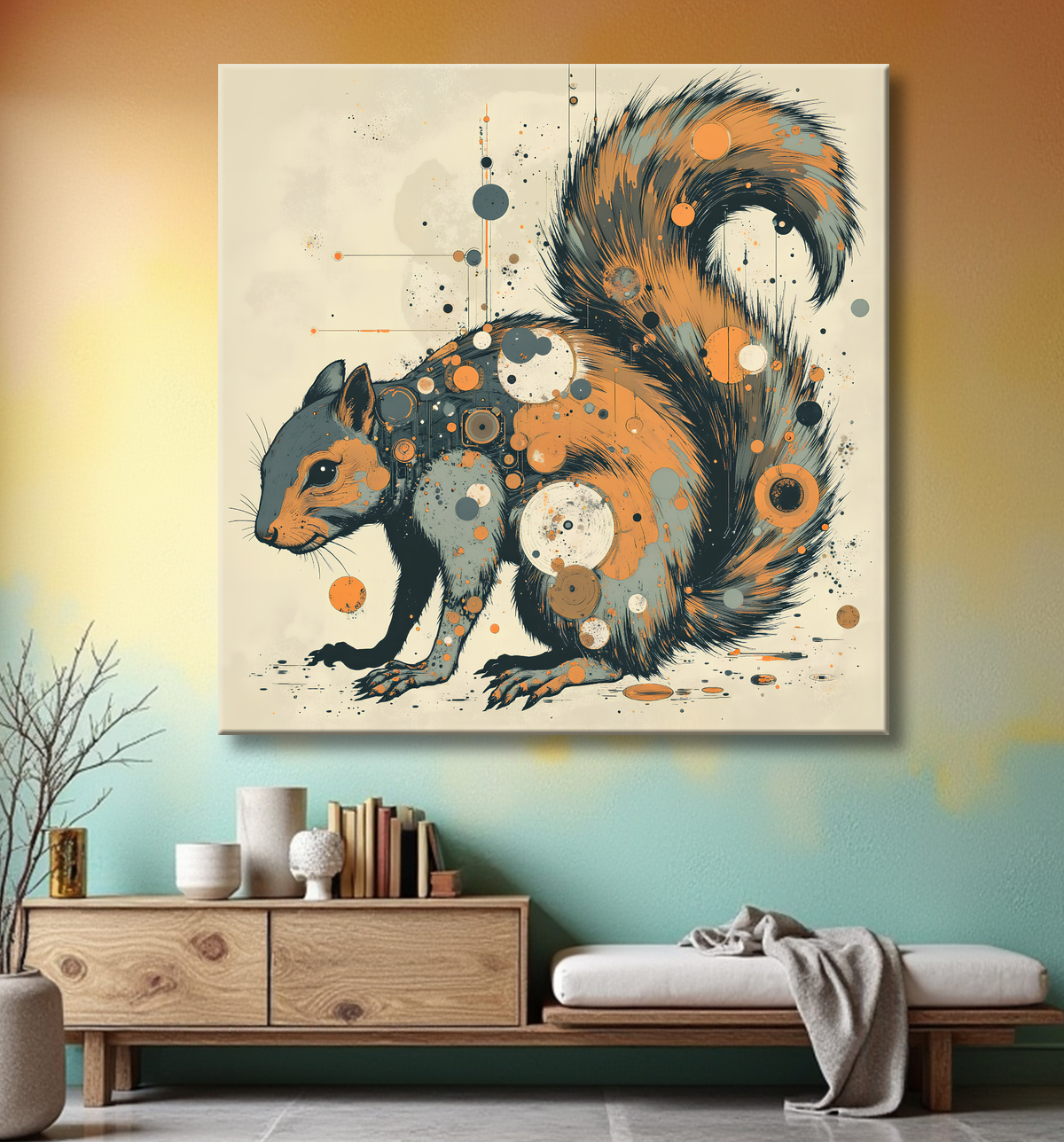 Tableau écureuil moderne - Peinture animalière expressive et graphique avec decor