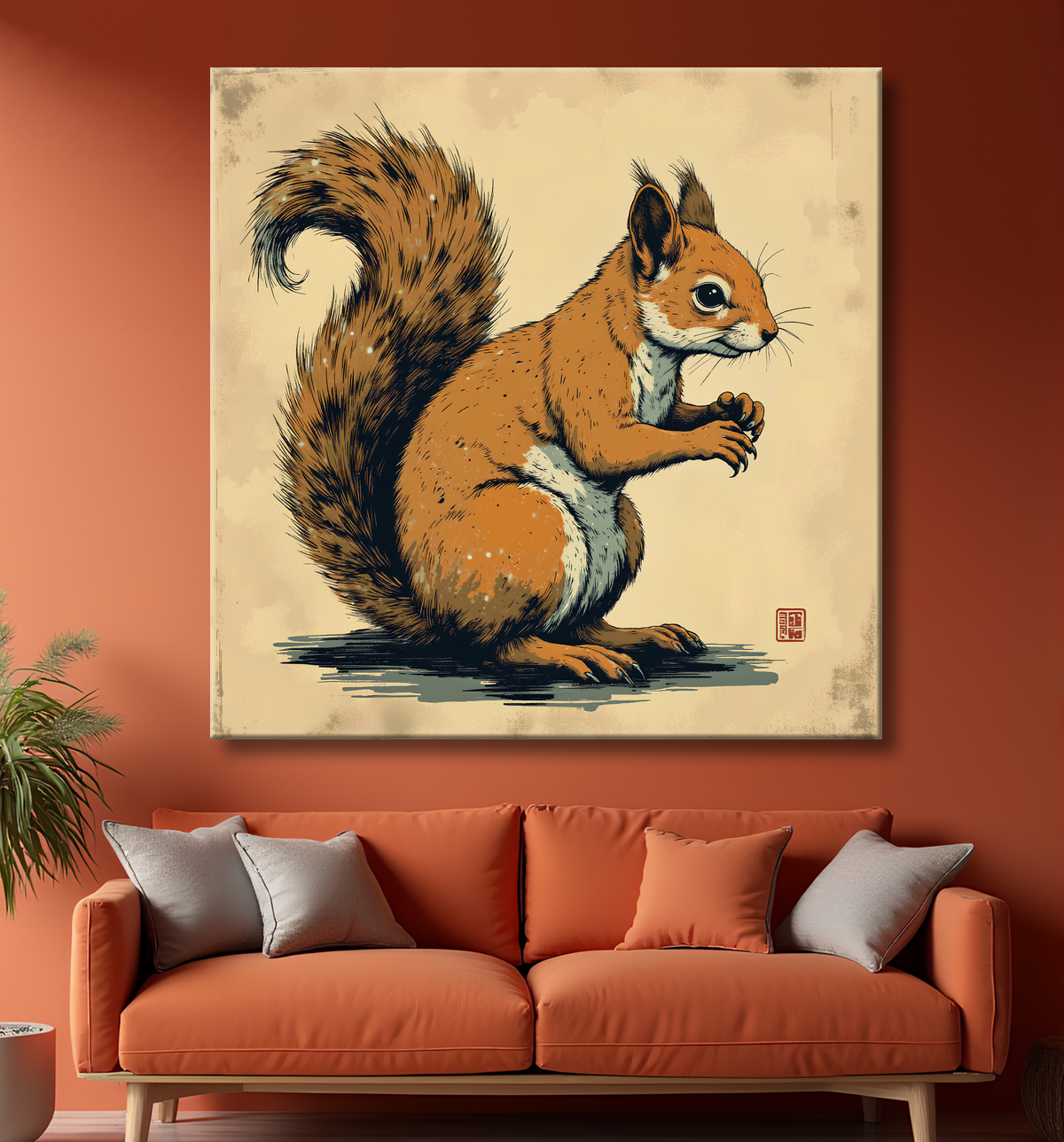 Tableau écureuil moderne - Peinture animalière expressive et graphique avec decor