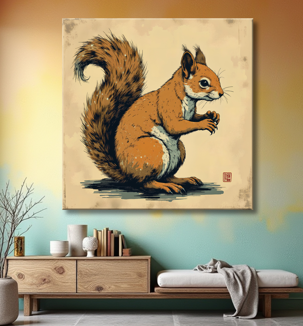 Tableau écureuil moderne - Peinture animalière expressive et graphique avec decor