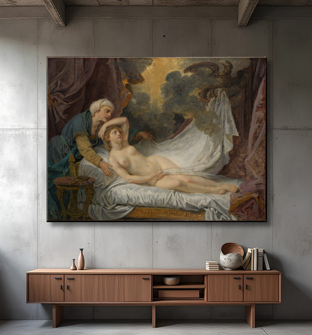 Reproduction Égine visitée par Jupiter de Jean-Baptiste Greuze avec decor