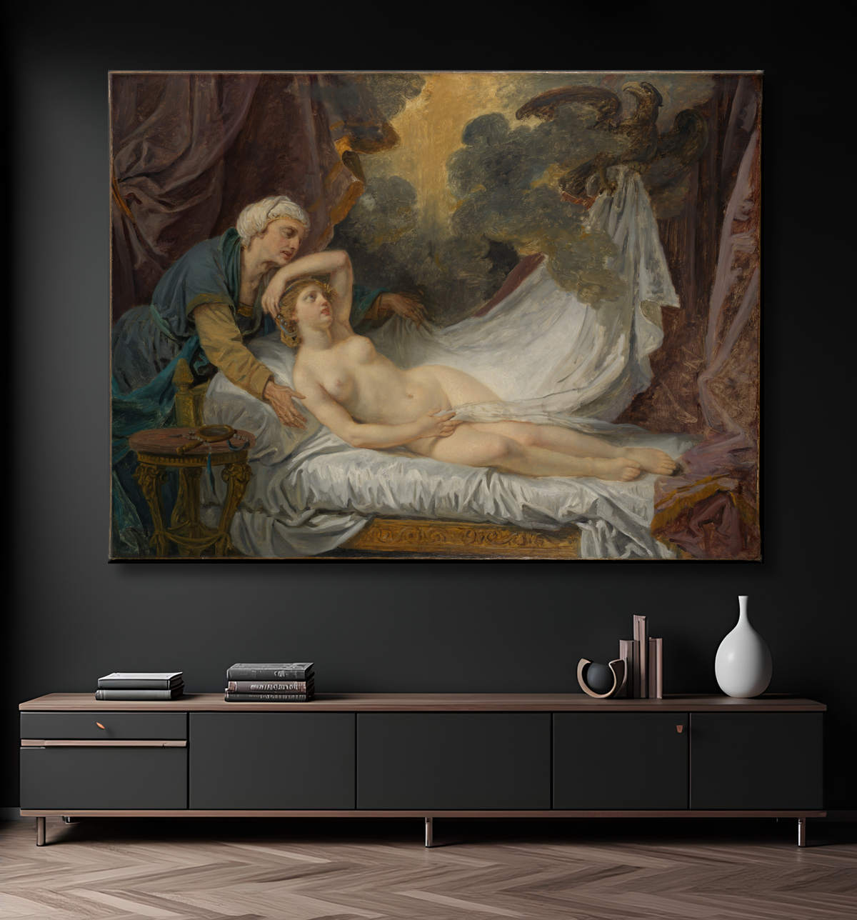 Reproduction Égine visitée par Jupiter de Jean-Baptiste Greuze avec decor