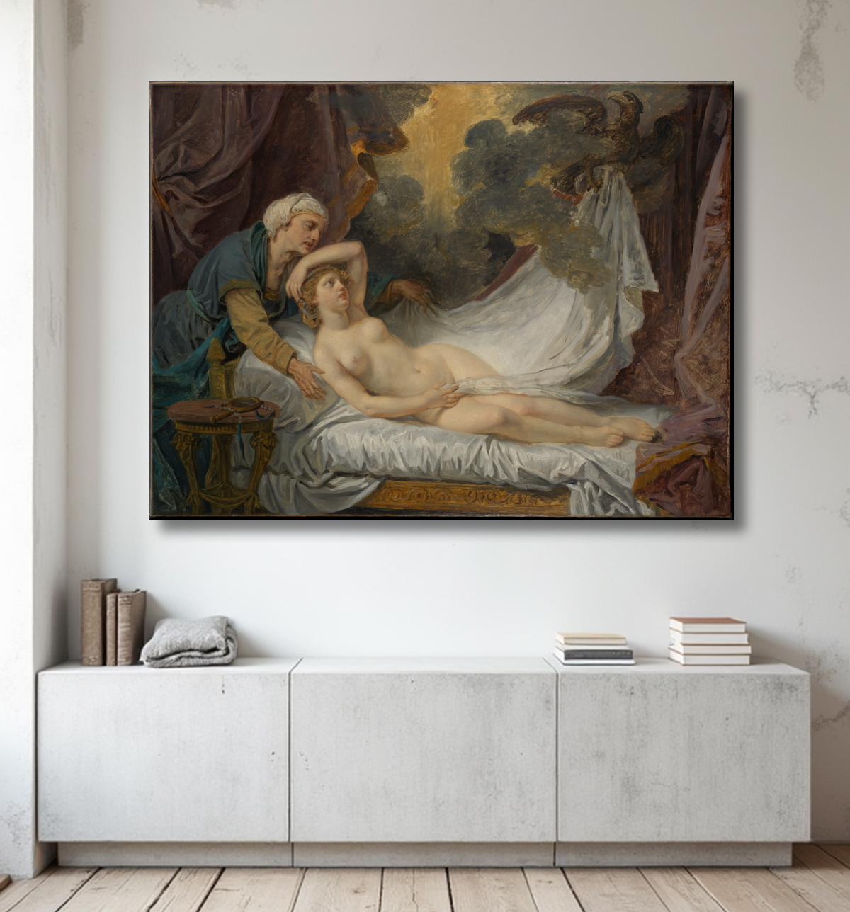 Reproduction Égine visitée par Jupiter de Jean-Baptiste Greuze avec decor
