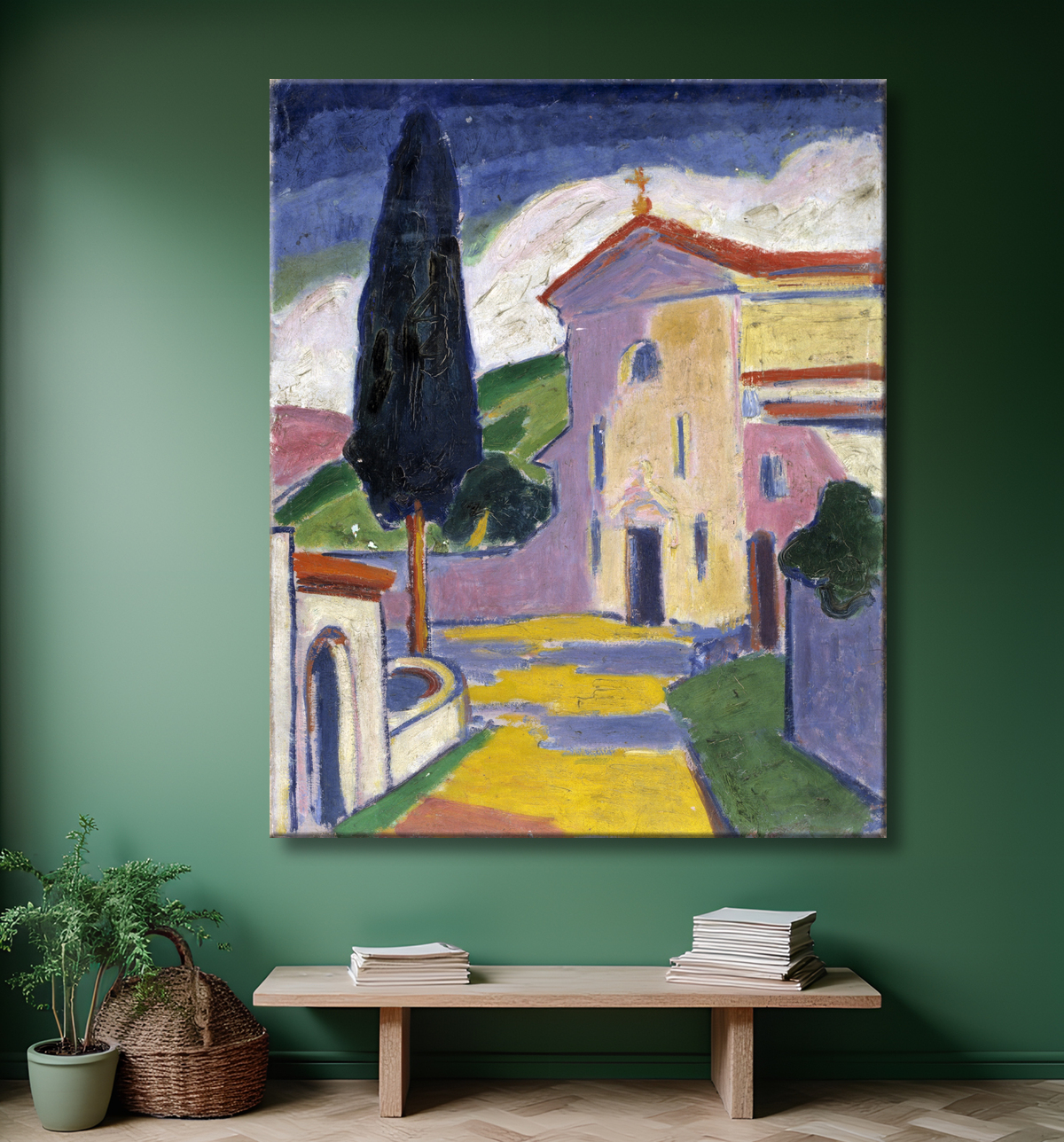 Reproduction Église avec cèdre à gauche de Carl Newman, born Philadelphia, PA 1858-died Abington, PA 1932 avec decor