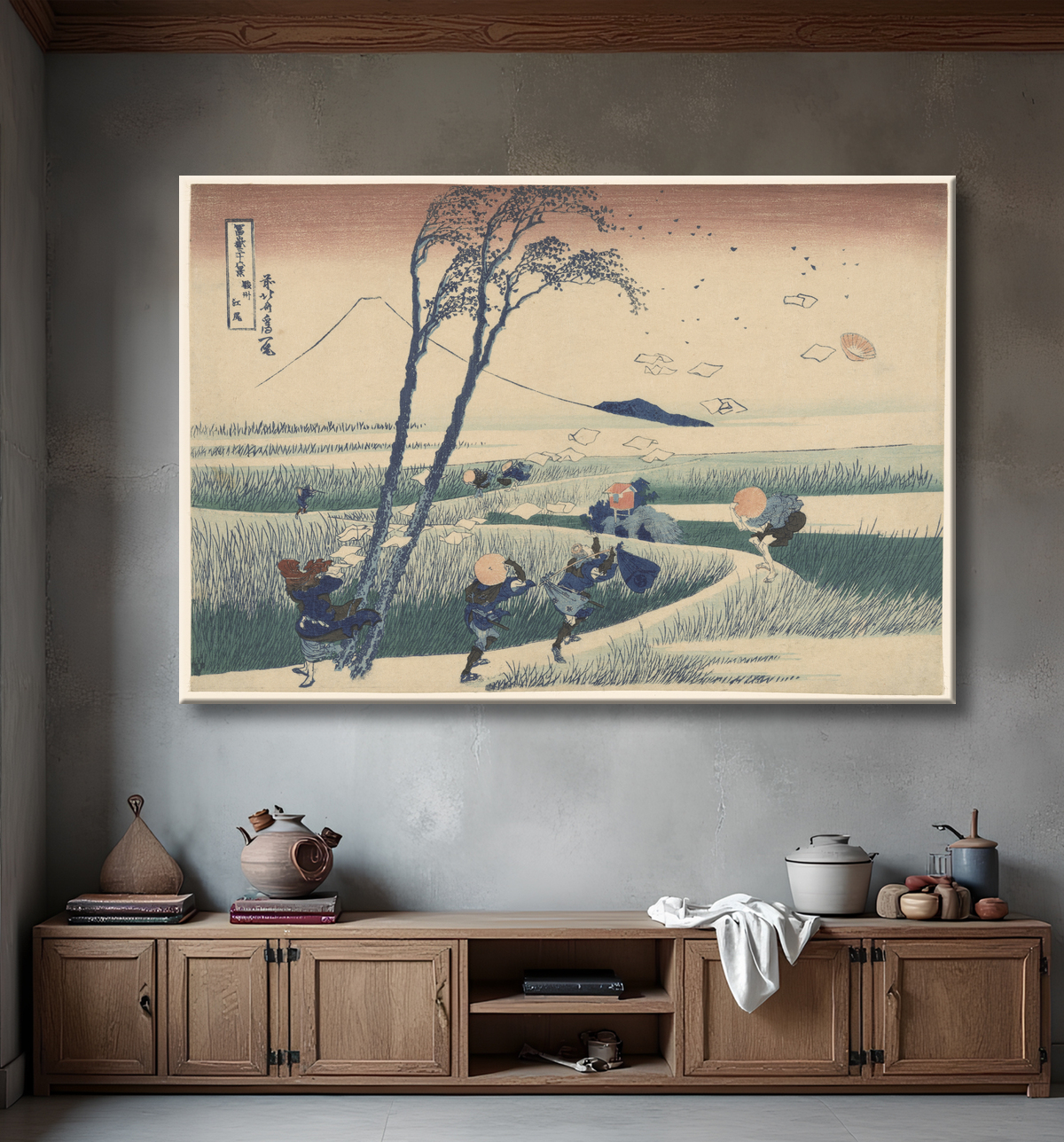 Reproduction Ejiri dans la province de Suruga (Sunshu Ejiri), de la série "Trente-six vues du mont Fuji (Fugaku sanjurokkei)" de Katsushika Hokusai avec decor
