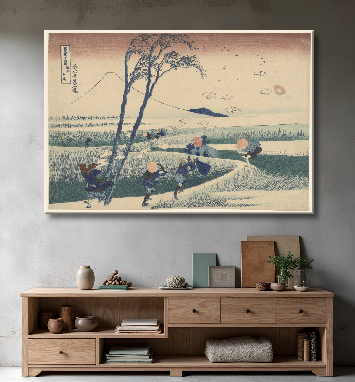 Reproduction Ejiri dans la province de Suruga (Sunshu Ejiri), de la série "Trente-six vues du mont Fuji (Fugaku sanjurokkei)" de Katsushika Hokusai avec decor