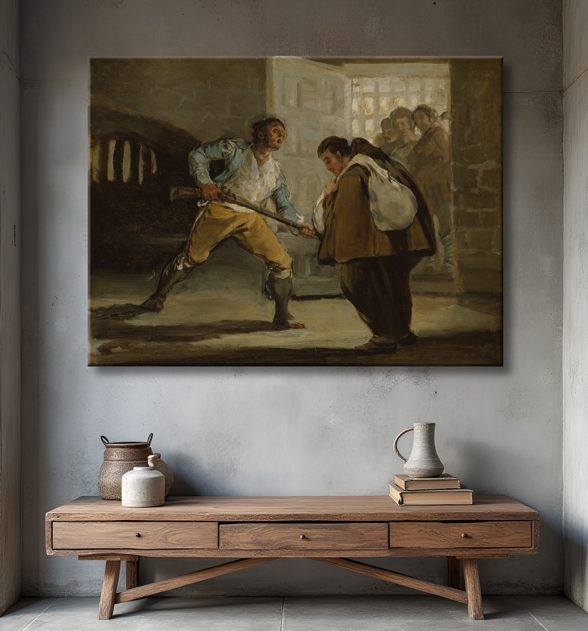 Reproduction El Maragato menace le frère Pedro de Zaldivia avec son arme de Francisco José de Goya y Lucientes avec decor