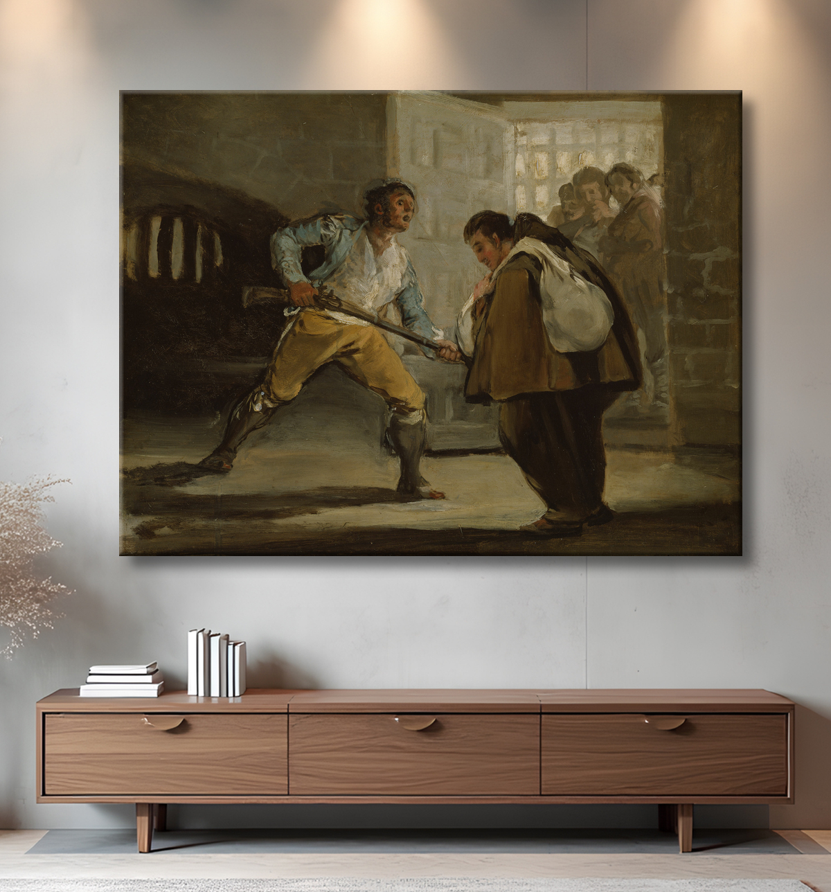 Reproduction El Maragato menace le frère Pedro de Zaldivia avec son arme de Francisco José de Goya y Lucientes avec decor
