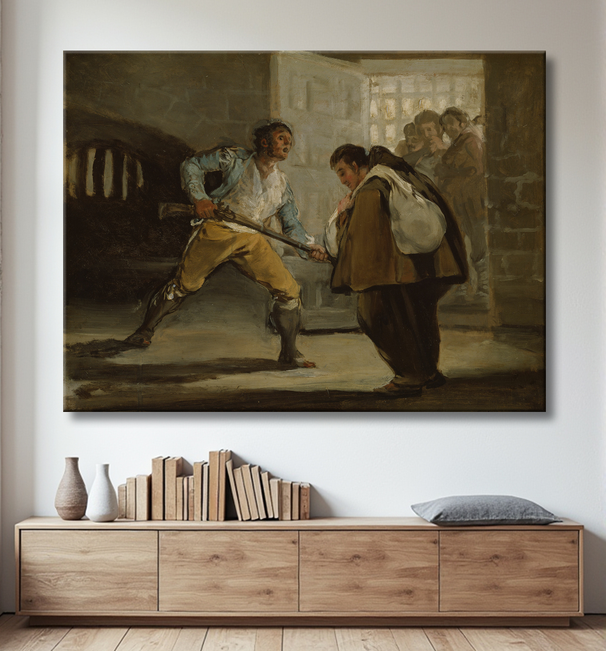 Reproduction El Maragato menace le frère Pedro de Zaldivia avec son arme de Francisco José de Goya y Lucientes avec decor