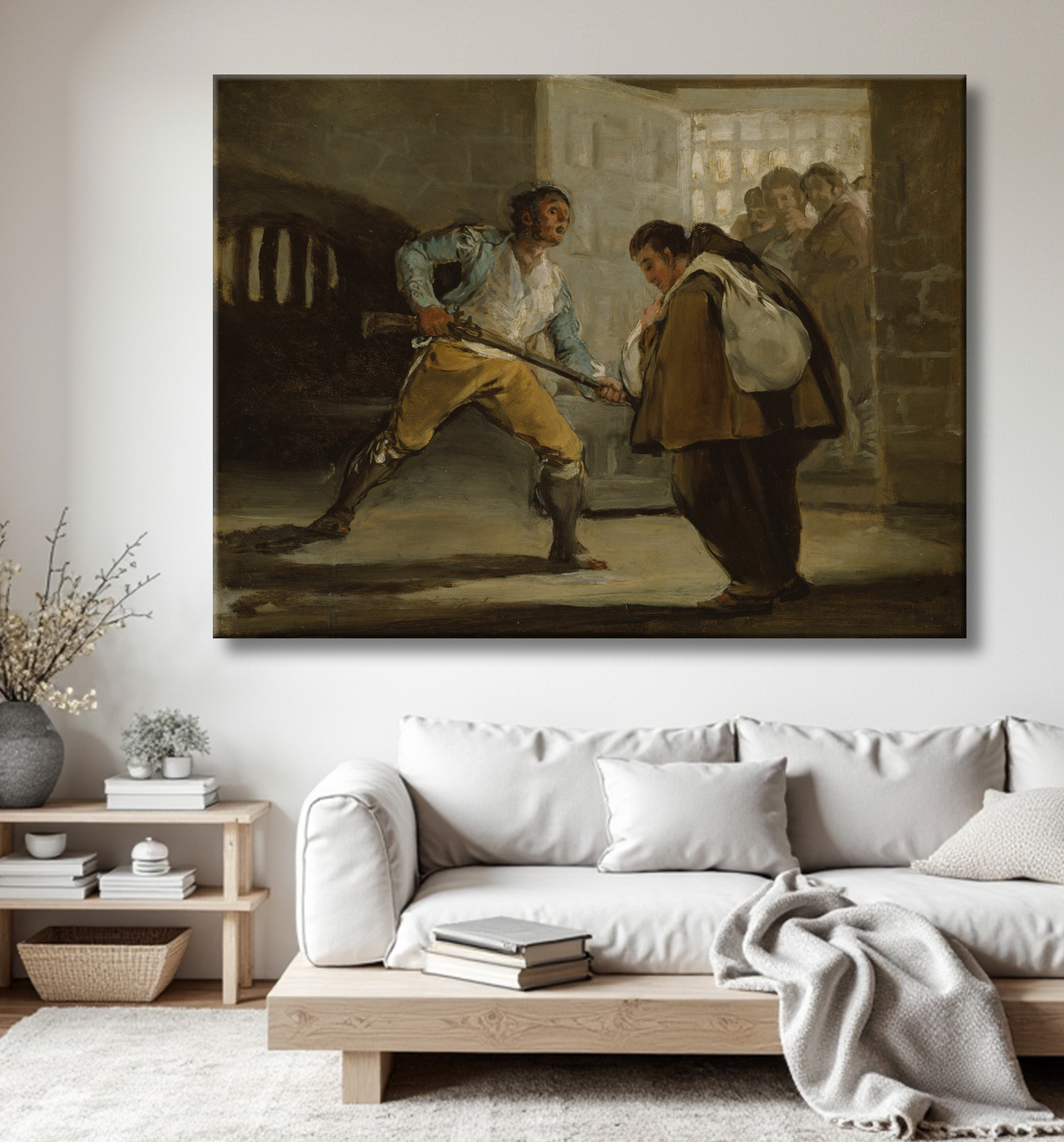 Reproduction El Maragato menace le frère Pedro de Zaldivia avec son arme de Francisco José de Goya y Lucientes avec decor