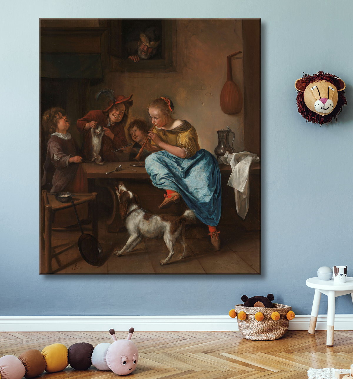 Reproduction Enfants apprenant à un chat à danser, connu sous le nom de "La leçon de danse" de Jan Havicksz. Steen avec decor
