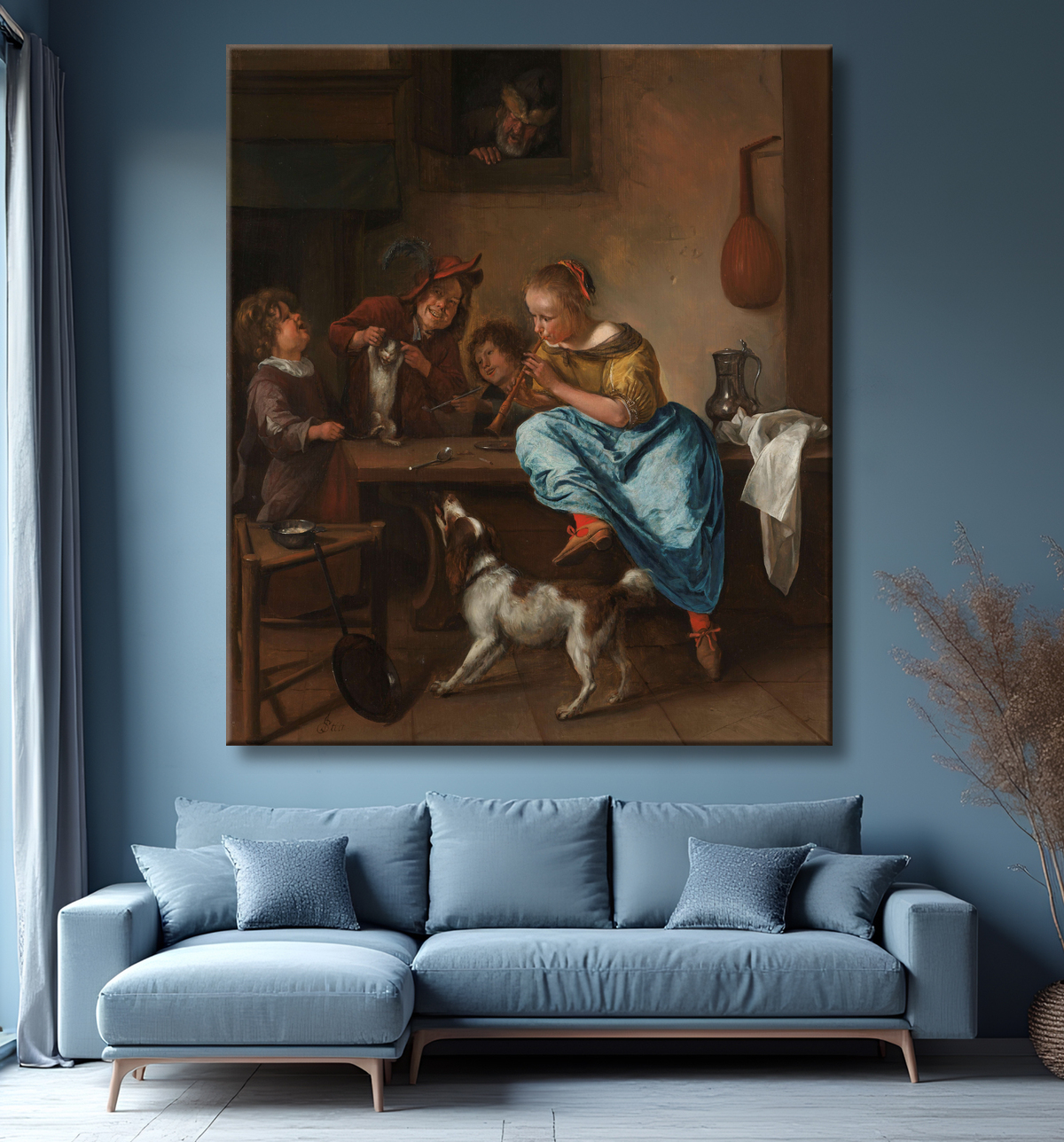 Reproduction Enfants apprenant à un chat à danser, connu sous le nom de "La leçon de danse" de Jan Havicksz. Steen avec decor