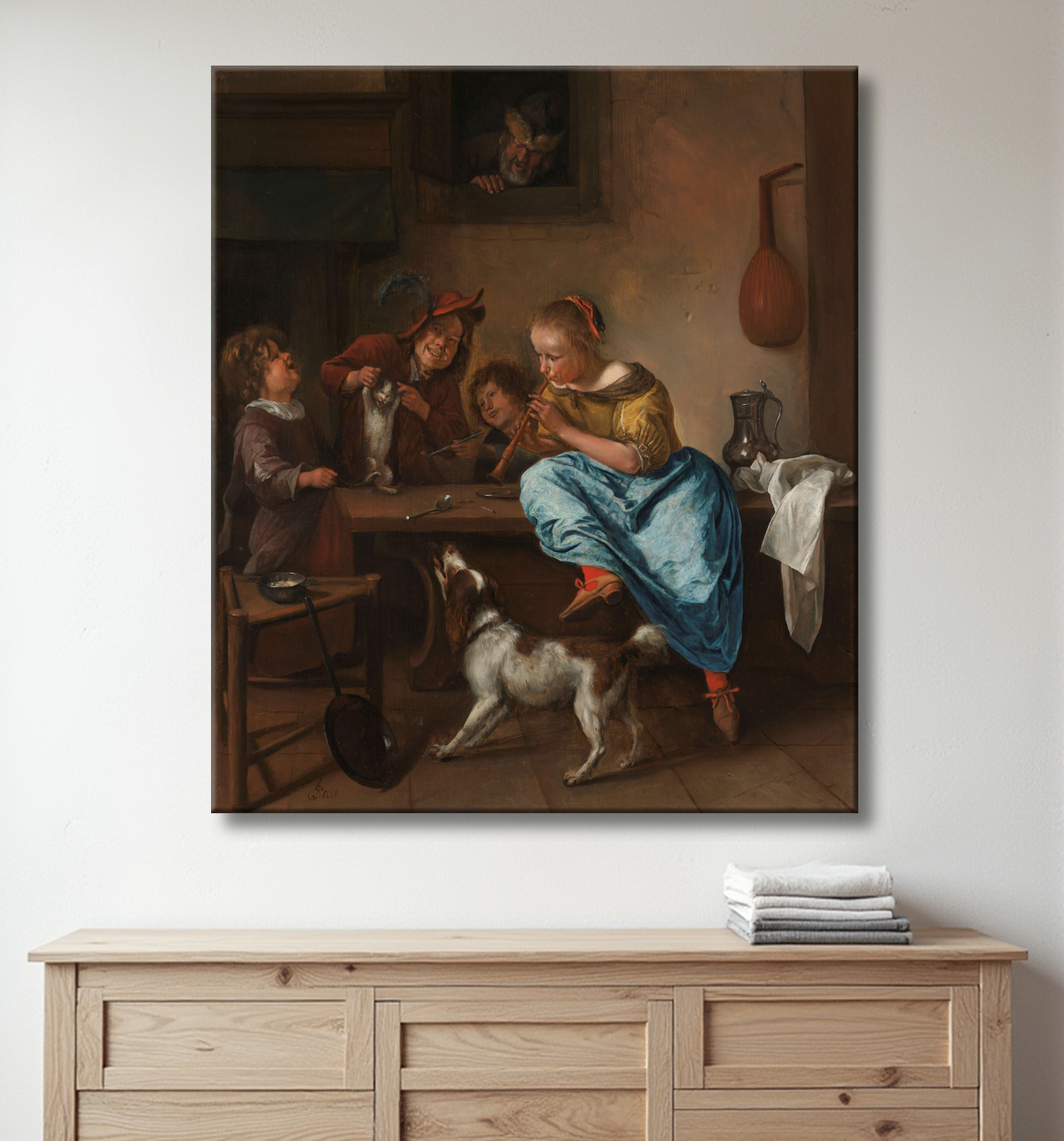 Reproduction Enfants apprenant à un chat à danser, connu sous le nom de "La leçon de danse" de Jan Havicksz. Steen avec decor